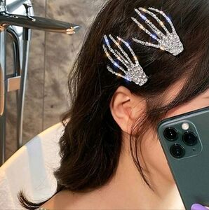 Sparkly Silver Rhinestone Skeleton Hand Hair Clips